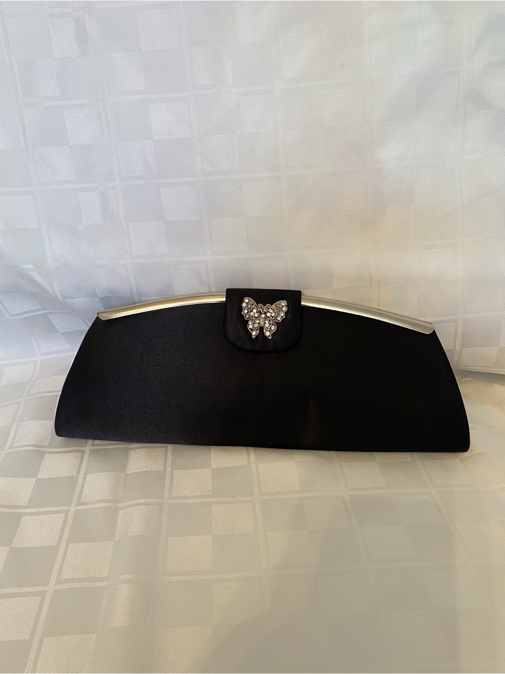 TOVA Beverly Hills blk satin evening clutch silver rhinestone butterfly clasp